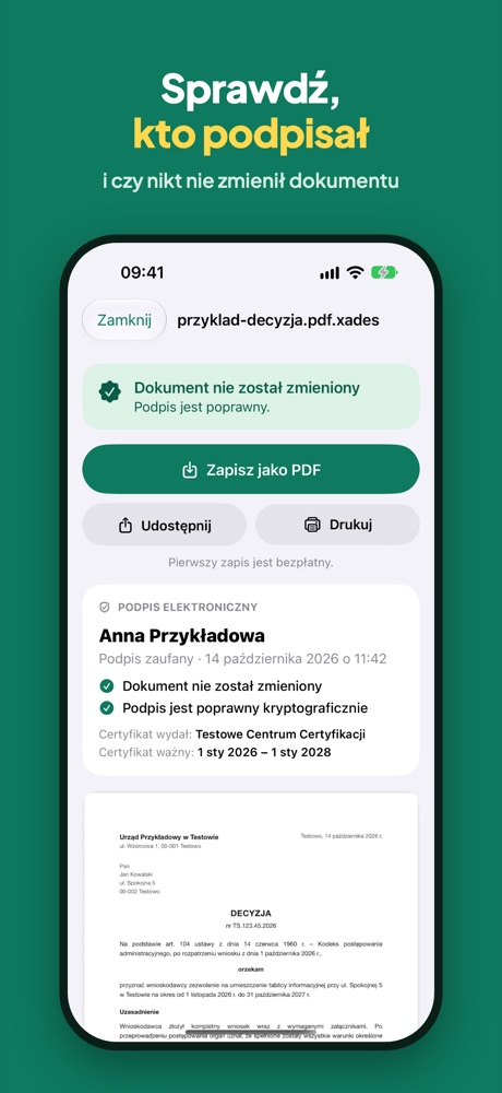 Sprawdzony podpis i podgląd pisma w aplikacji
