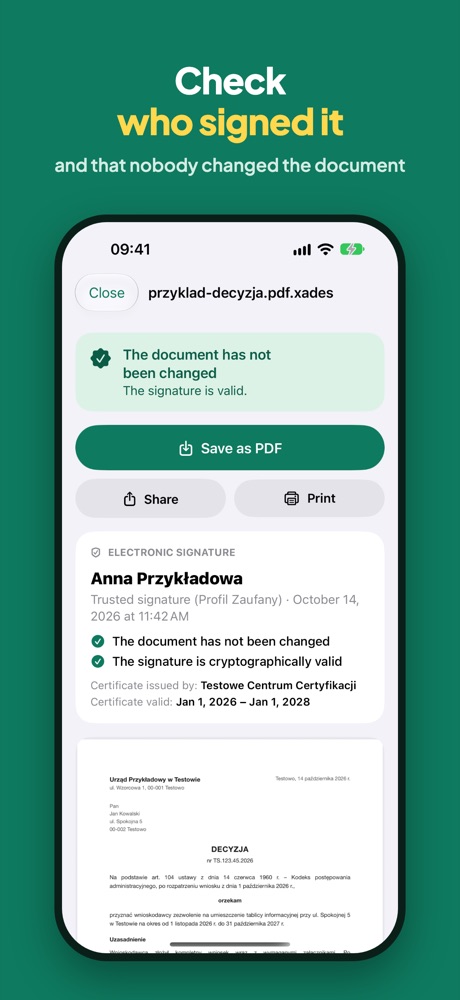 A checked signature and the letter preview in the app